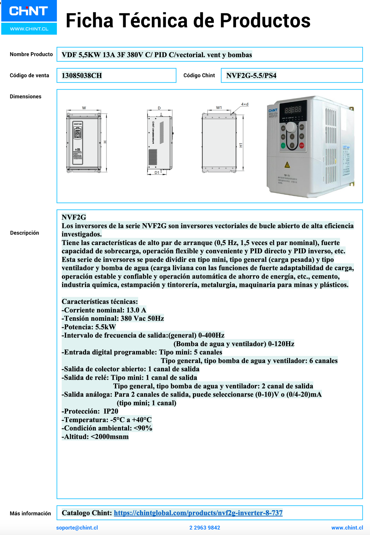Variador de Frecuencia CHINT NVF2G-5.5/PS4 5,5 kW 13 A Trifásico 380 V con PID y Control Vectorial – Código 13085038CH