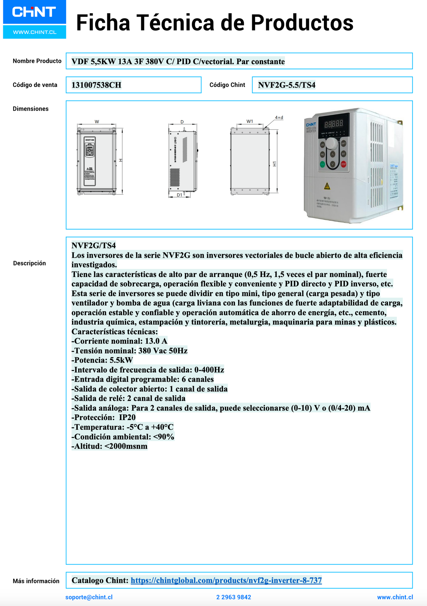 Variador de Frecuencia CHINT NVF2G-5.5/TS4 5,5 kW 13 A Trifásico 380 V con PID y Control Vectorial – Par Constante – Código 131007538CH