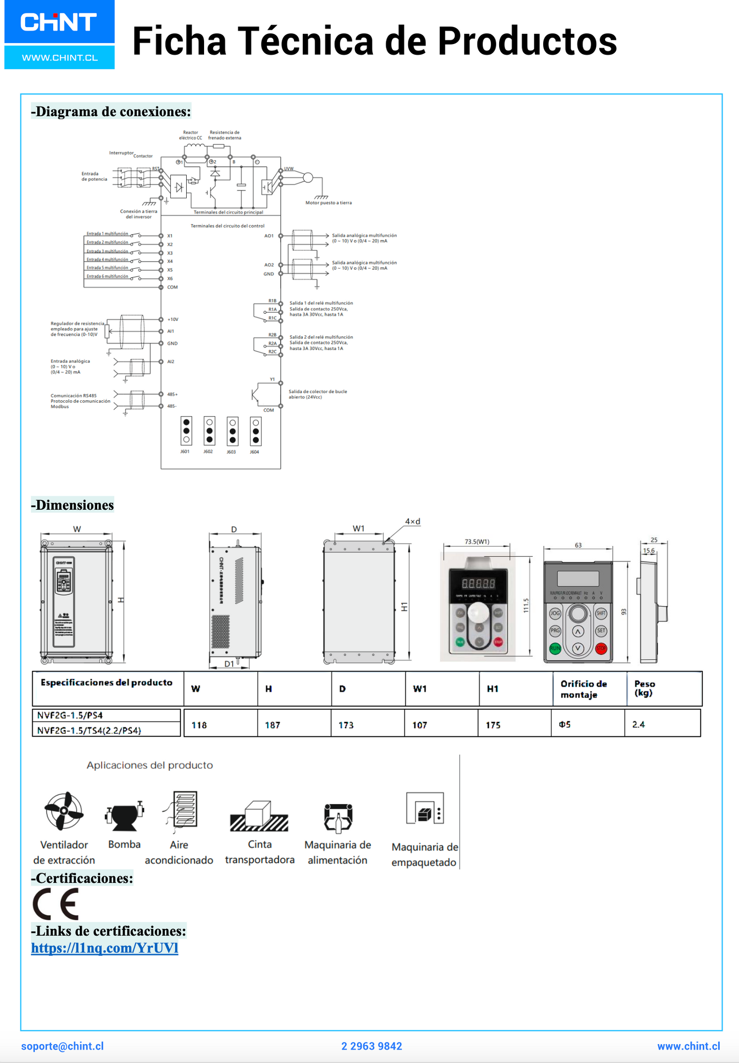 Variador de Frecuencia CHINT NVF2G-5.5/TS4 5,5 kW 13 A Trifásico 380 V con PID y Control Vectorial – Par Constante – Código 131007538CH
