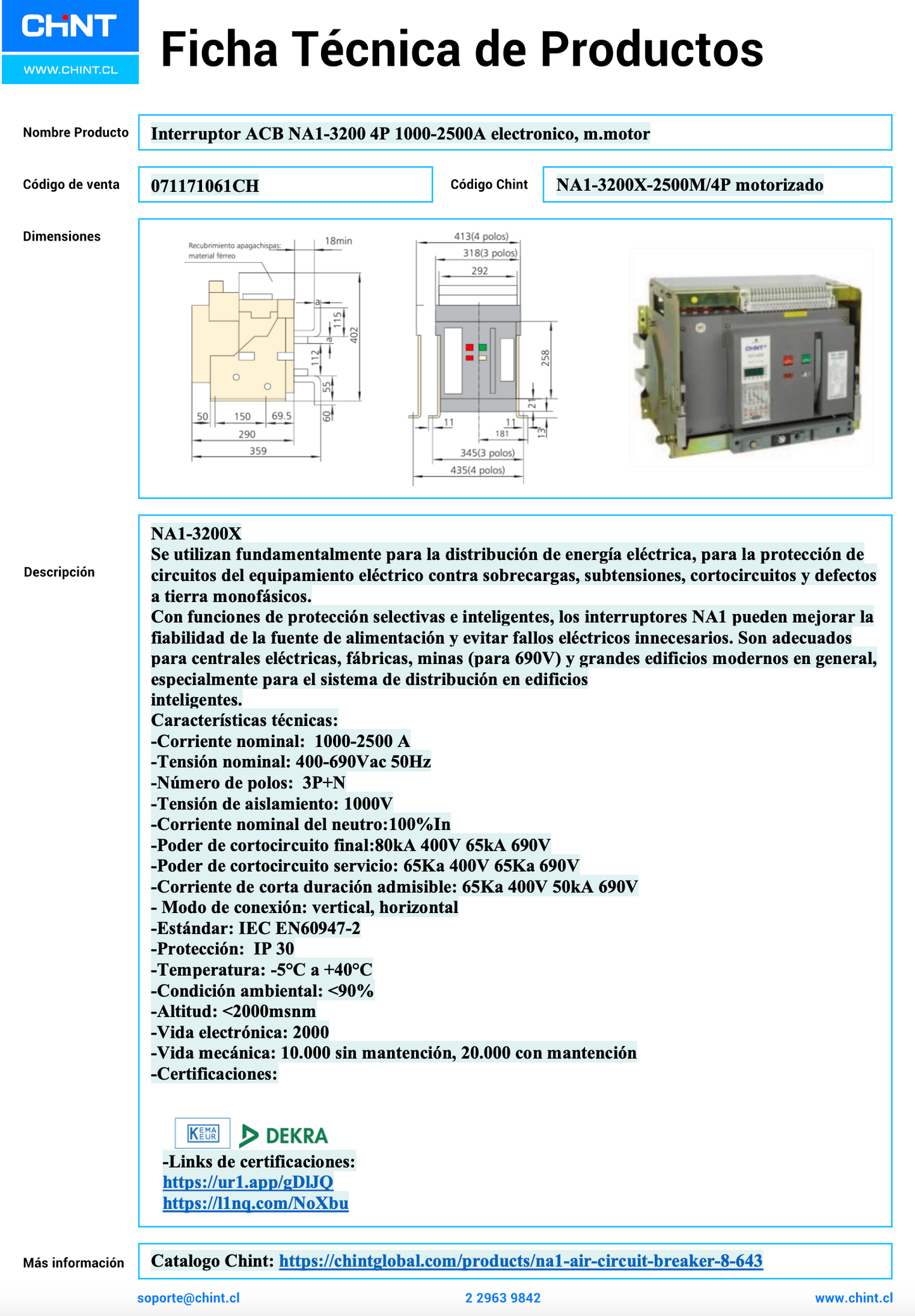 Interruptor en Caja Moldeada CHINT NA1-3200X-2500M/4P 1000–2500 A Electrónico Motorizado AC 220/230 V – Código 071171061CH