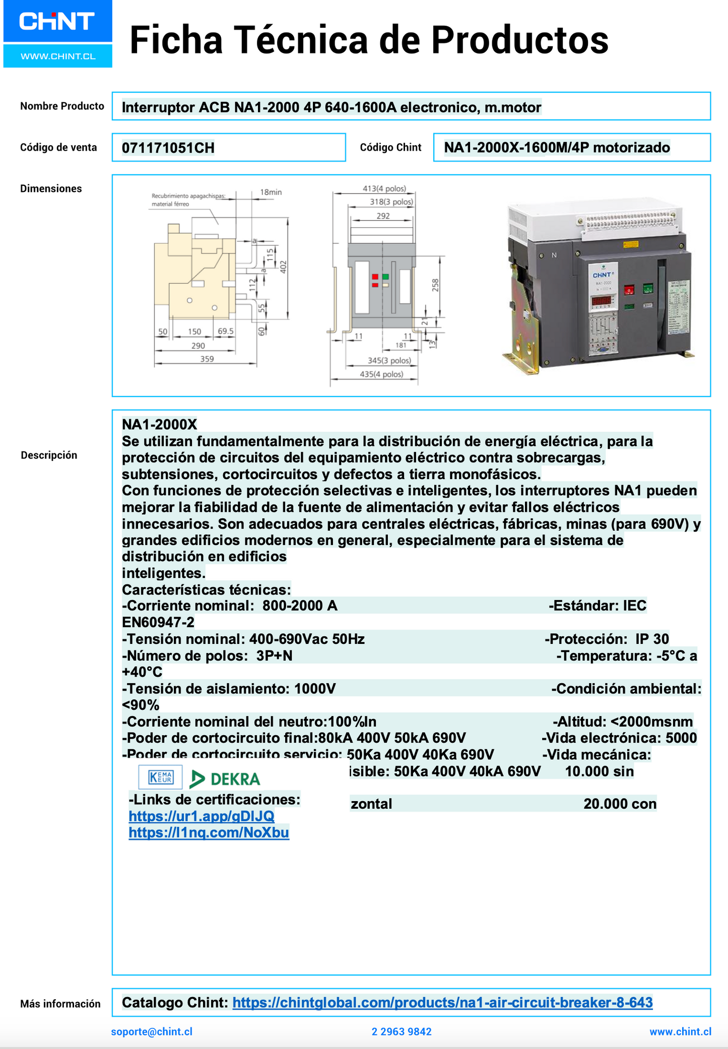 Interruptor en Caja Abierta CHINT NA1-2000X-2000M/4P 800–2000 A Electrónico Motorizado AC 220/230 V – Código 071171051CH
