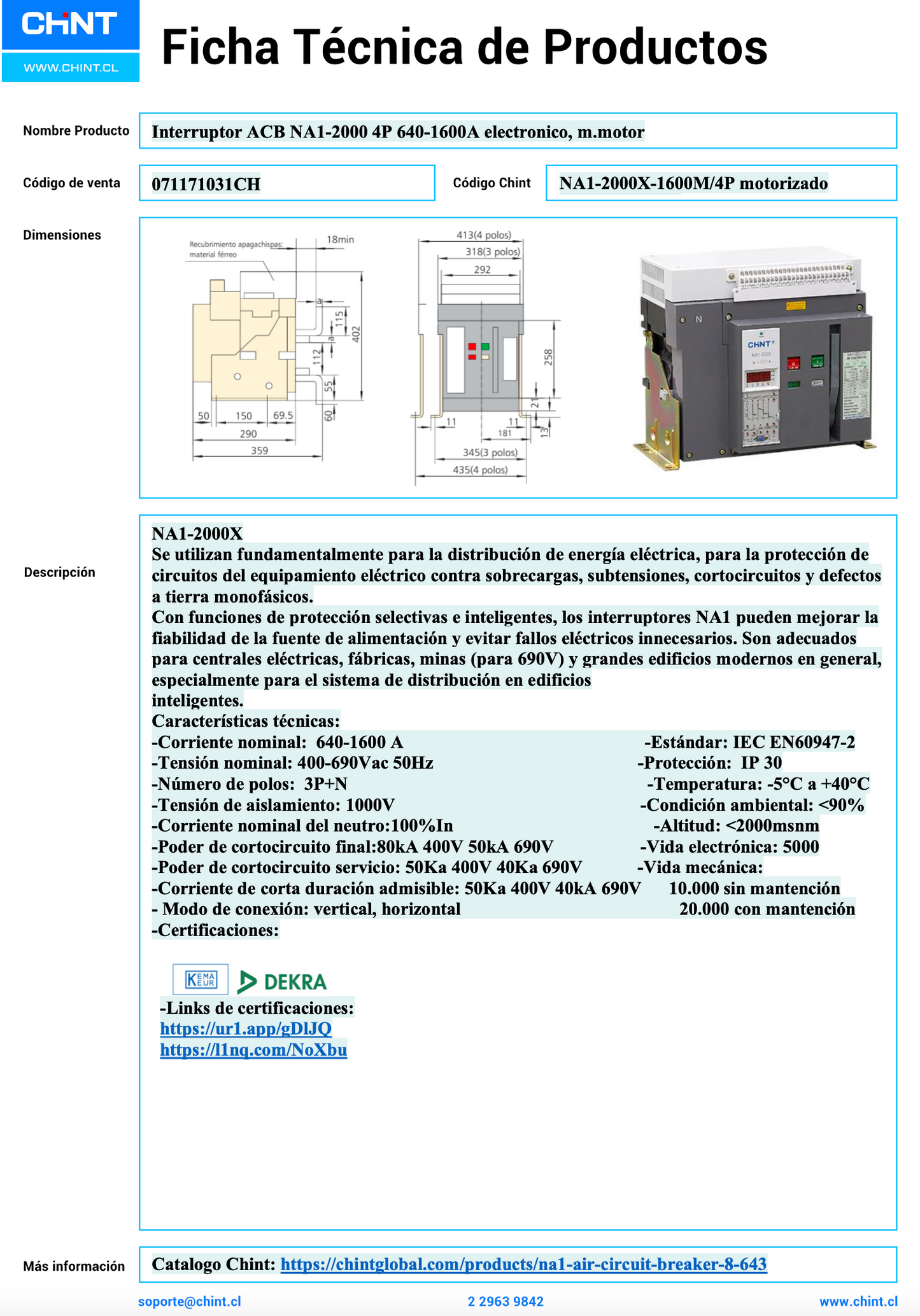 Interruptor en Caja Abierta CHINT NA1-2000X-1600M/4P 640–1600 A Electrónico Motorizado AC 220/230 V – Código 071171031CH