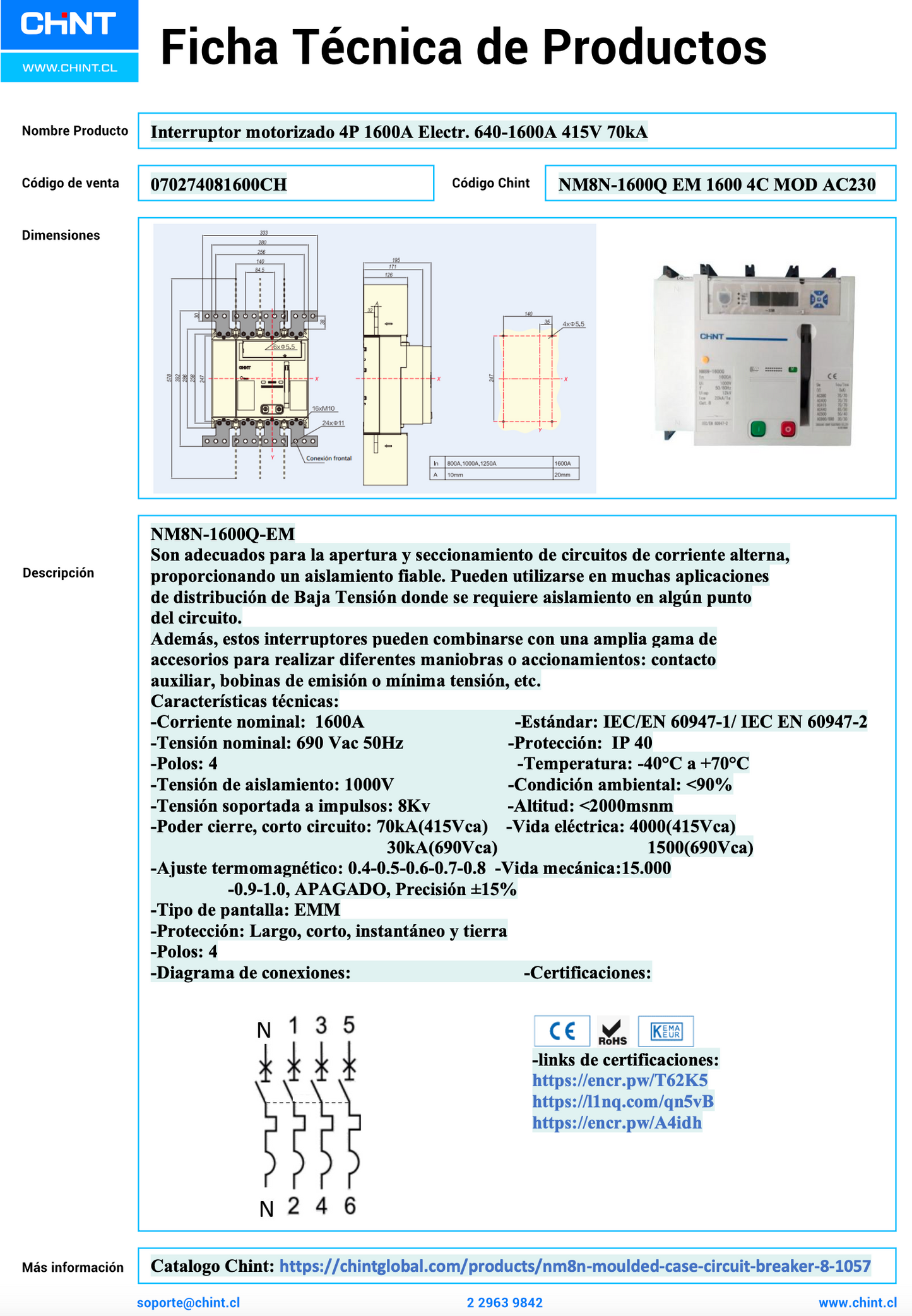 Interruptor Automático en Caja Moldeada CHINT NM8N-1600Q EM 4P 640–1600 A 415 V 70 kA Motorizado AC 230 V – Código 070274081600CH