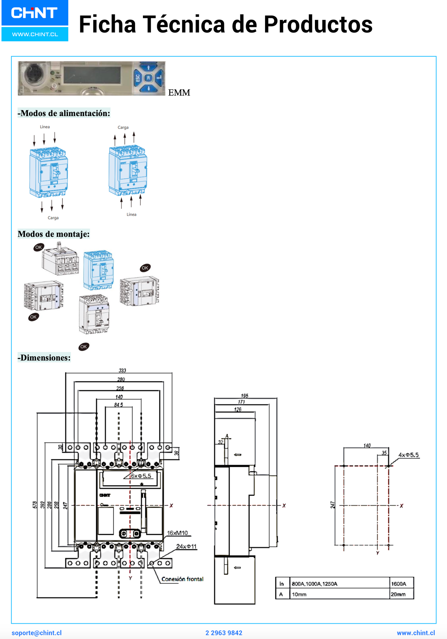 Interruptor Automático en Caja Moldeada CHINT NM8N-1600Q EM 4P 640–1600 A 415 V 70 kA Motorizado AC 230 V – Código 070274081600CH