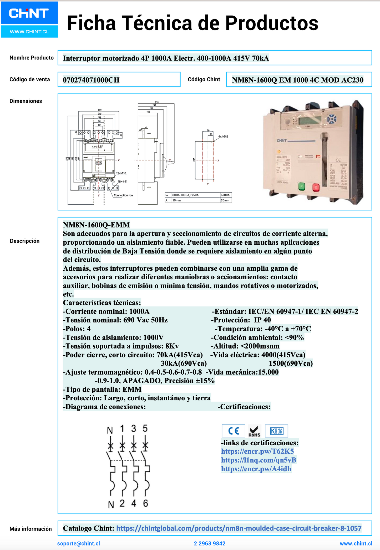Interruptor Automático en Caja Moldeada CHINT NM8N-1600Q EM 4P 400–1000 A 415 V 70 kA Motorizado AC 230 V – Código 070274071000CH