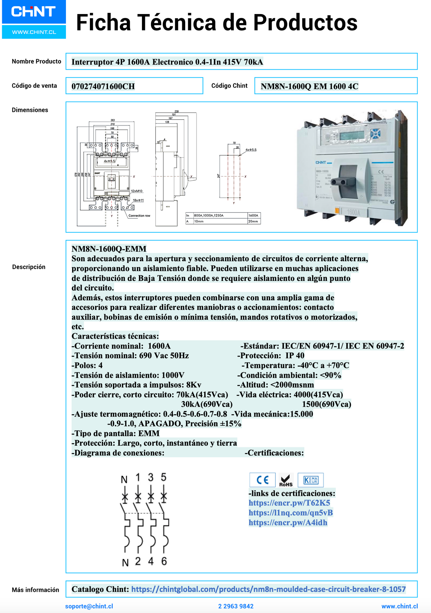 Interruptor Automático en Caja Moldeada CHINT NM8N-1600Q EM 4P 1600 A Electrónico 0,4–1 In 415 V 70 kA – Código 070274071600CH