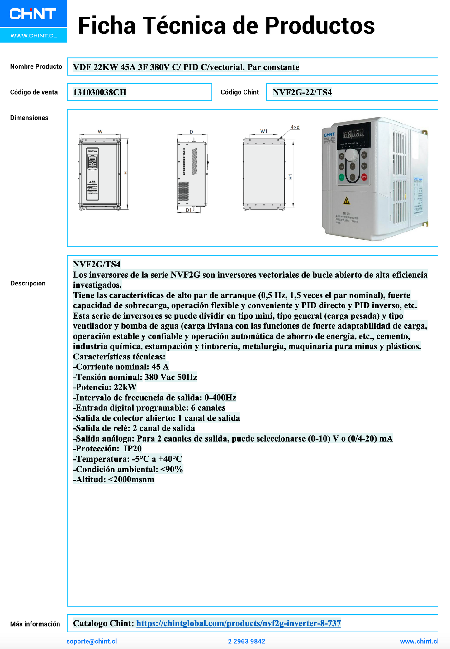 Variador de Frecuencia CHINT NVF2G-22/TS4 22 kW 45 A Trifásico 380 V con PID y Control Vectorial – Par Constante – Código 131030038CH