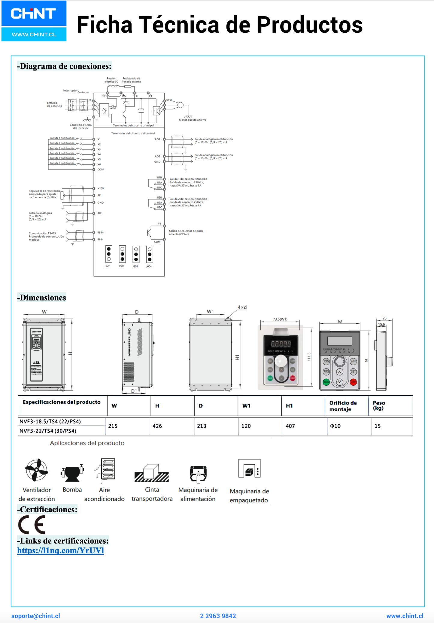 Variador de Frecuencia CHINT NVF2G-22/TS4 22 kW 45 A Trifásico 380 V con PID y Control Vectorial – Par Constante – Código 131030038CH