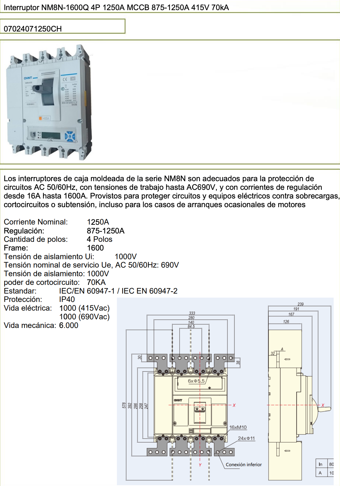 Interruptor Automático en Caja Moldeada CHINT NM8N-1600Q TM 4P 875–1250 A 415 V 70 kA – Código 07024071250CH