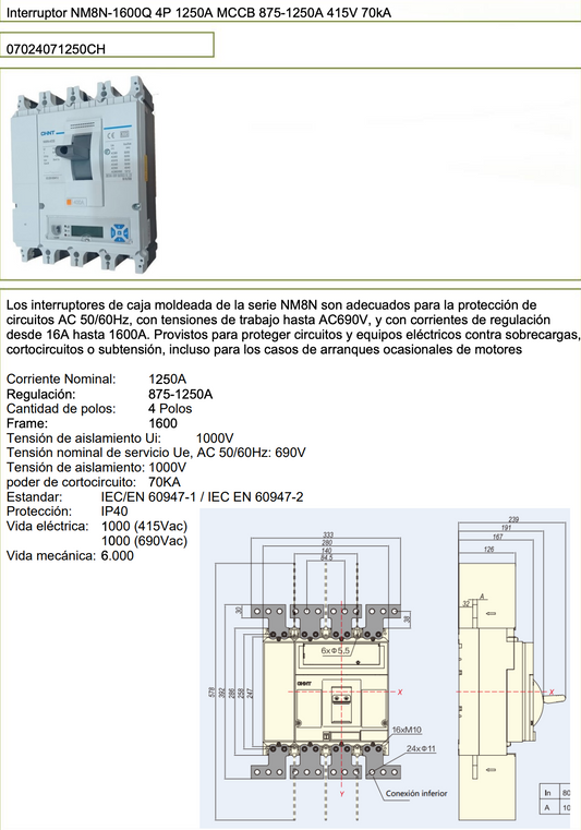 Interruptor Automático en Caja Moldeada CHINT NM8N-1600Q TM 4P 875–1250 A 415 V 70 kA – Código 07024071250CH