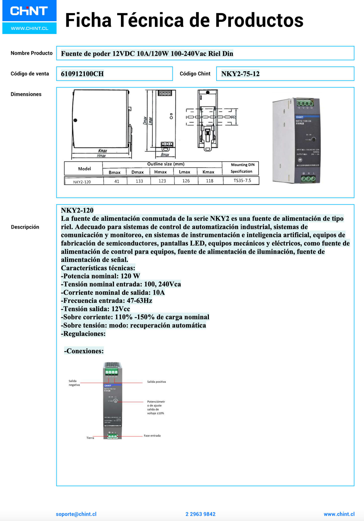 Fuente de Poder CHINT NKY2-120-12 12 V DC 10 A 120 W Entrada 90–264 V AC Montaje en Riel DIN – Código 610912100CH