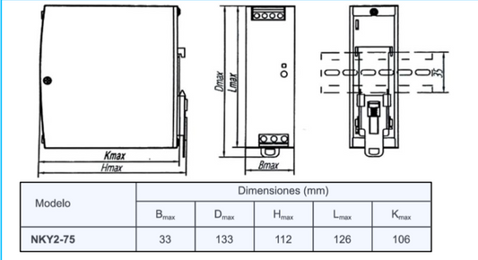 Fuente de Poder CHINT NKY2-75-12 12 V DC 6,25 A 75 W Entrada 90–264 V AC Montaje en Riel DIN – Código 610912060CH