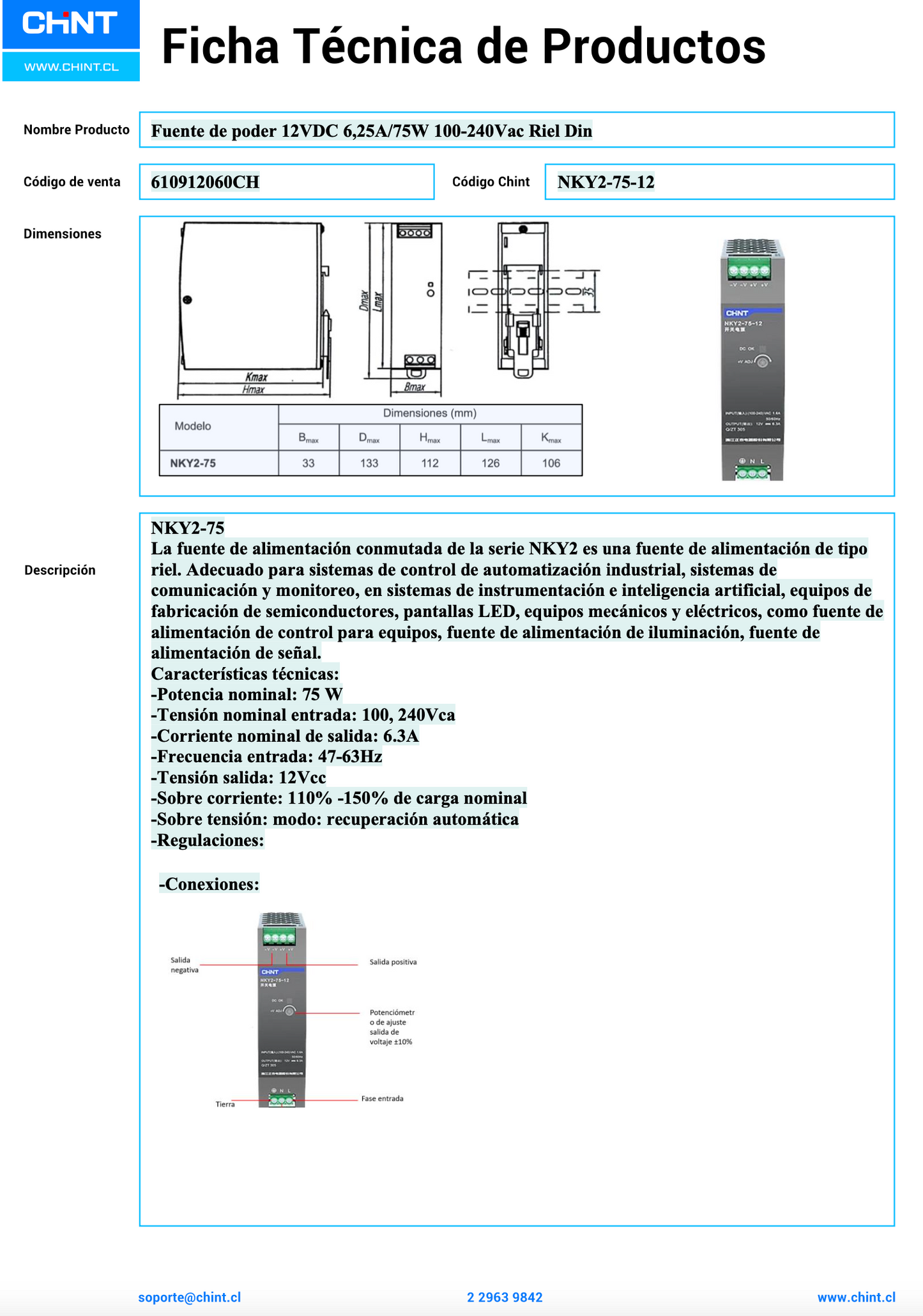 Fuente de Poder CHINT NKY2-75-12 12 V DC 6,25 A 75 W Entrada 90–264 V AC Montaje en Riel DIN – Código 610912060CH