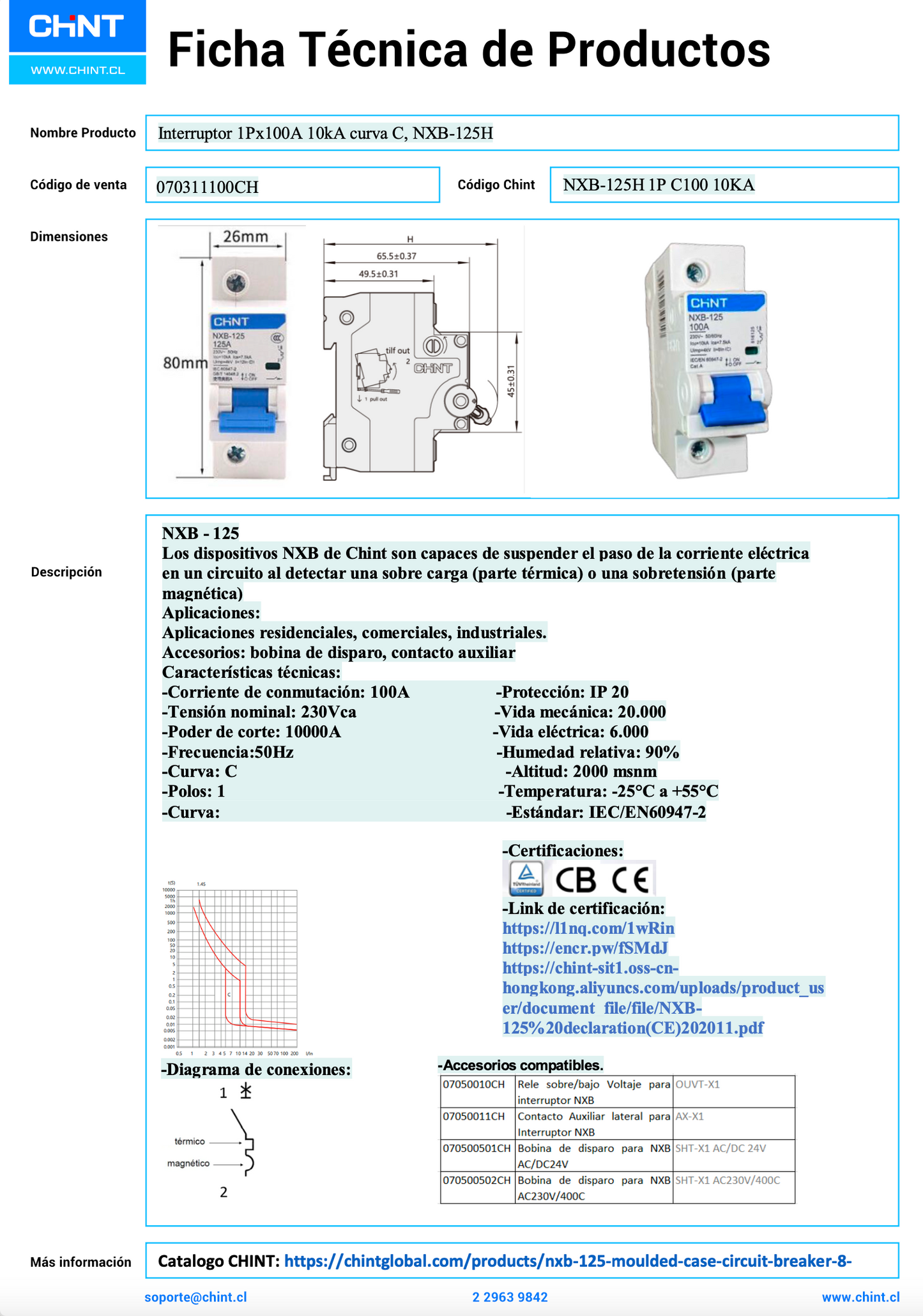 Interruptor Termomagnético CHINT NXB-125H 1P 100 A 10 kA Curva C – Código 070311100CH