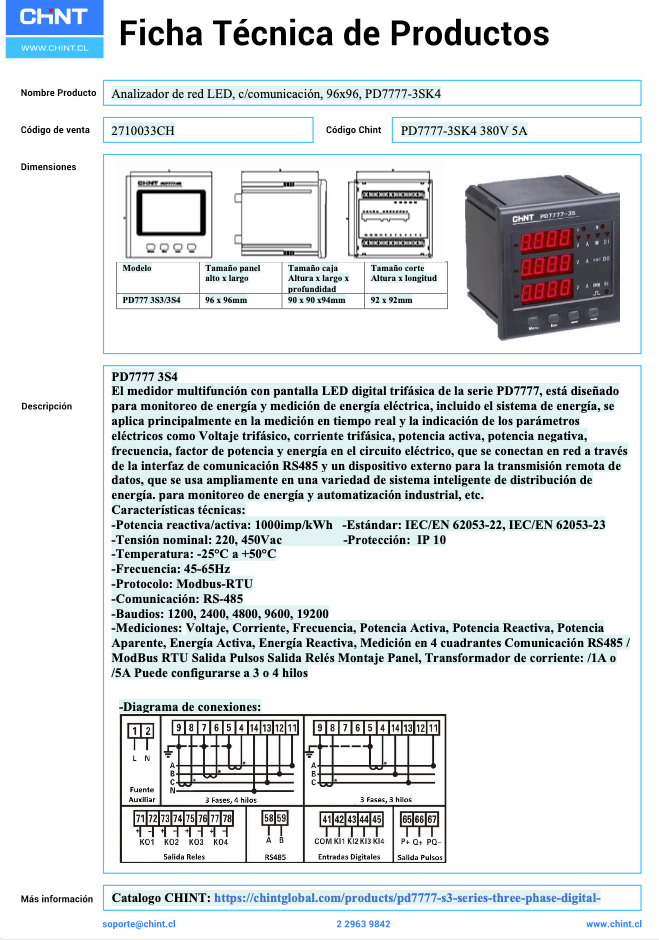 Analizador de Red CHINT PD7777-3SK4 LED 96×96 mm Comunicación RS-485 380 V 5 A – Código 2710033CH