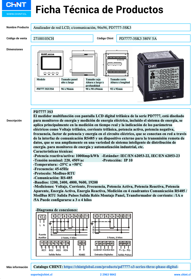 Analizador de Red CHINT PD7777-3SK3 LCD 96×96 mm Comunicación RS-485 380 V 5 A – Código 27100103CH