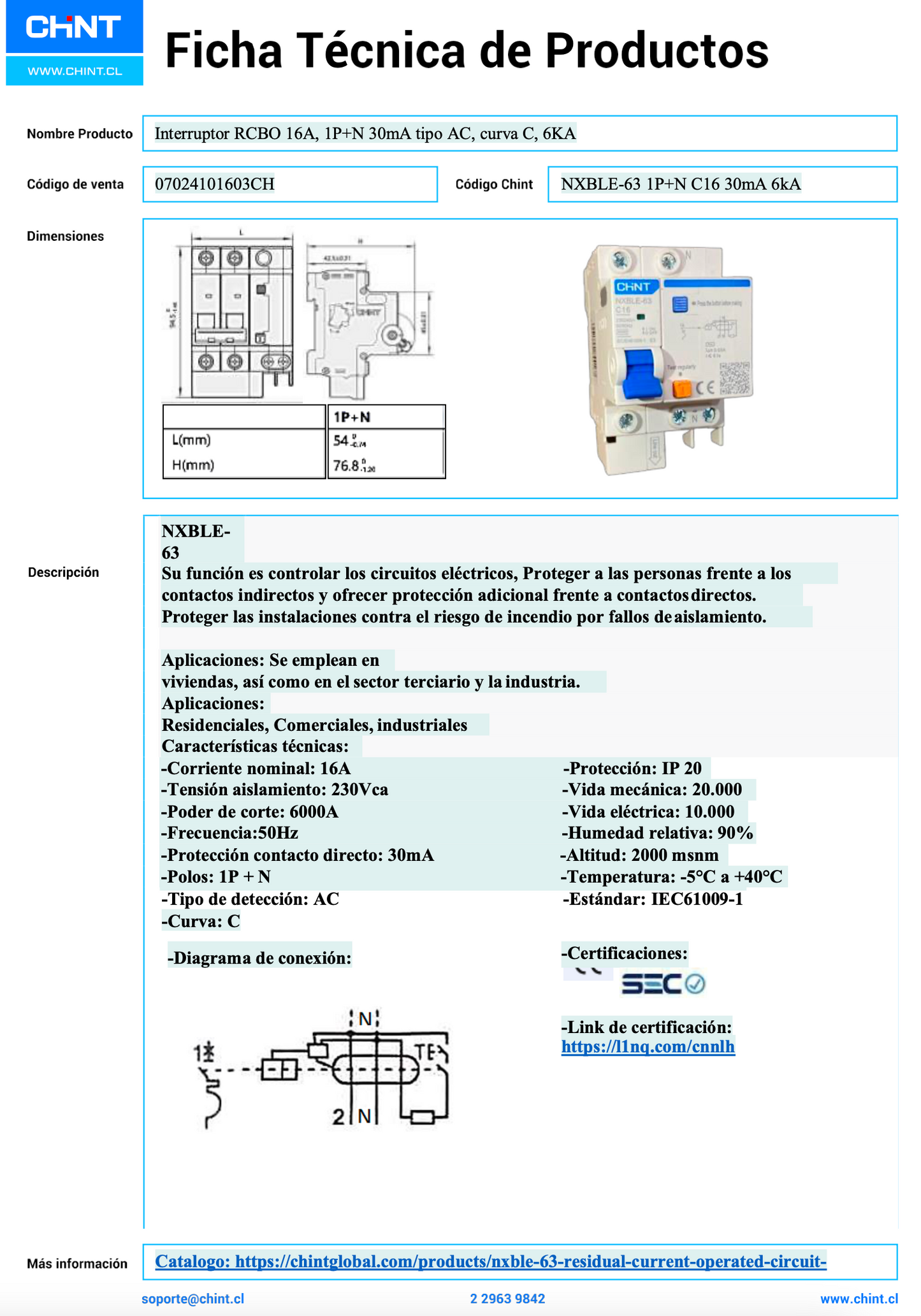 Interruptor RCBO CHINT NXBLE-63 1P+N 16A Curva C 6kA con Diferencial 30mA – Código 07024101603CH