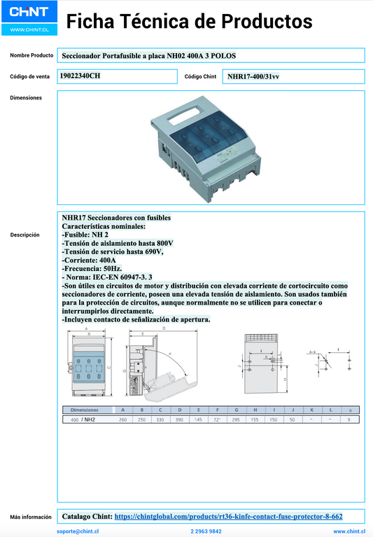 Seccionador Portafusible CHINT NHR17-400/31 NH02 400A 3 Polos – Código 19022340CH