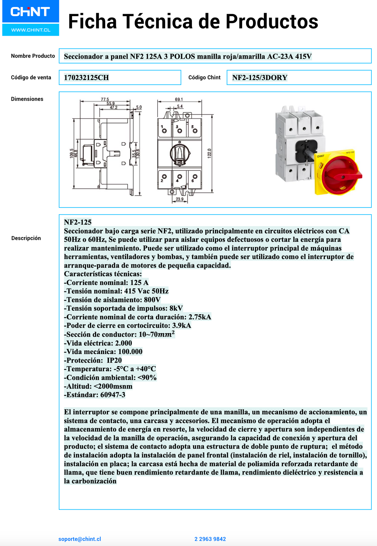 Seccionador a Panel CHINT NF2-125/3DORY 125A 3 Polos Manilla Roja/Amarilla AC-23A 415V – Código 170232125CH