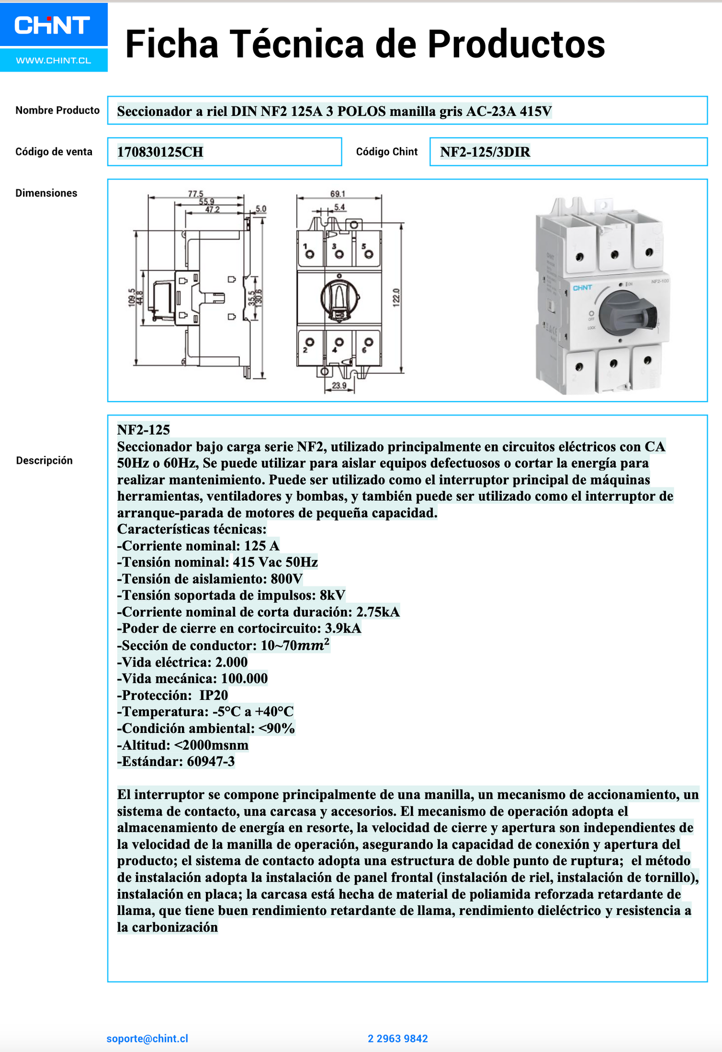 Seccionador a Riel DIN CHINT NF2-125/3DIR 125A 3 Polos Manilla Gris AC-23A 415V – Código 170830125CH