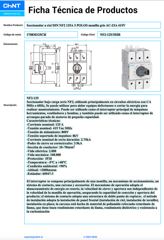 Seccionador a Riel DIN CHINT NF2-125/3DIR 125A 3 Polos Manilla Gris AC-23A 415V – Código 170830125CH