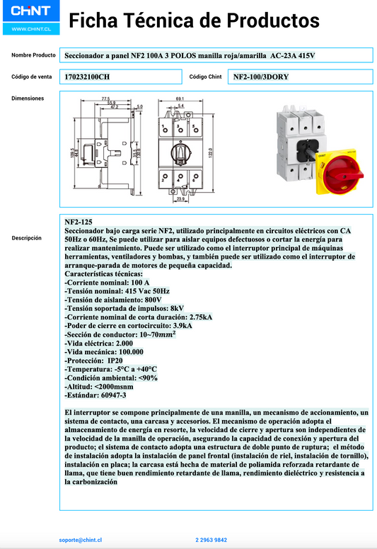 Seccionador a Panel CHINT NF2-100/3DORY 100A 3 Polos Manilla Roja/Amarilla AC-23A 415V – Código 170232100CH