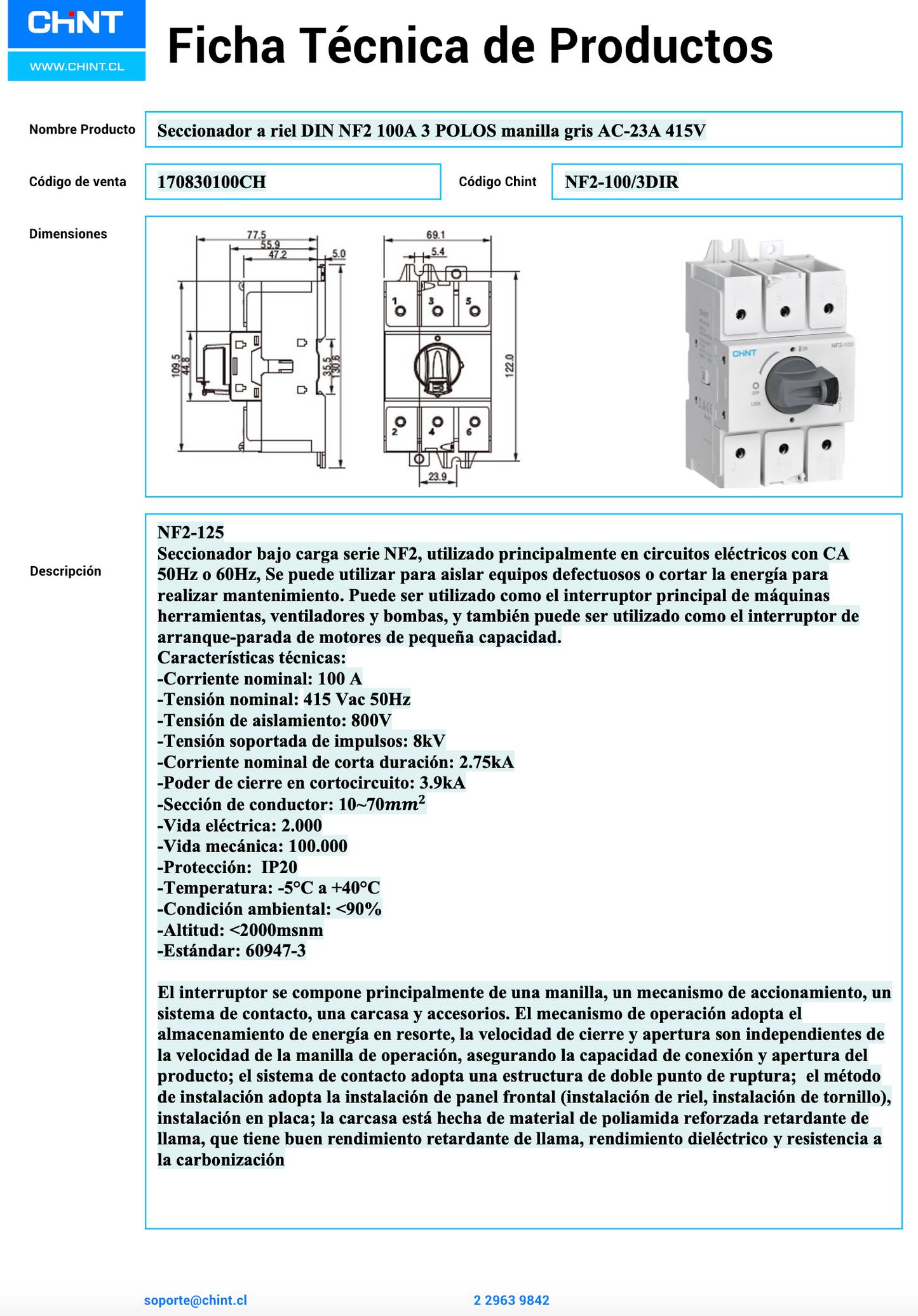 Seccionador a Riel DIN CHINT NF2-100/3DIR 100A 3 Polos Manilla Gris AC-23A 415V – Código 170830100CH