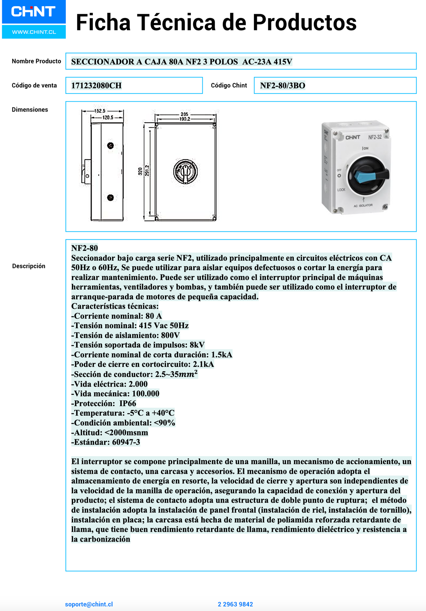 Seccionador a Caja CHINT NF2-80/3BO 80A 3 Polos AC-23A 415V – Código 171232080CH