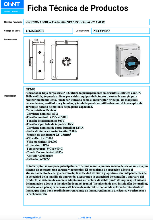 Seccionador a Caja CHINT NF2-80/3BO 80A 3 Polos AC-23A 415V – Código 171232080CH