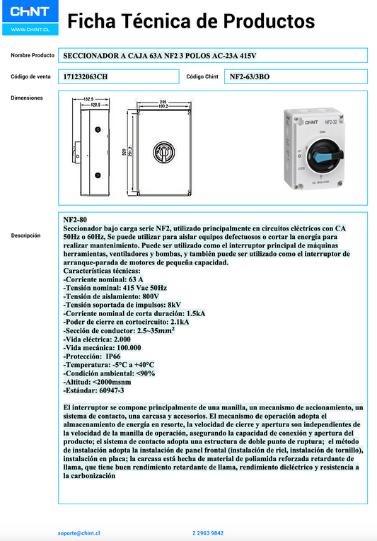 Seccionador a Caja CHINT NF2-63/3BO 63A 3 Polos AC-23A 415V – Código 171232063CH