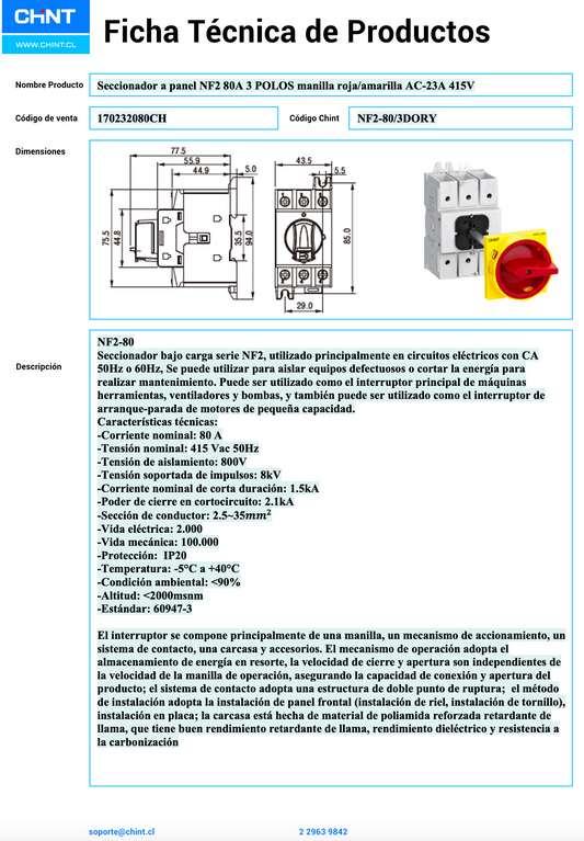Seccionador a Panel CHINT NF2 3P 80A AC-23A 415V Manilla Roja/Amarilla – Código 170232080CH