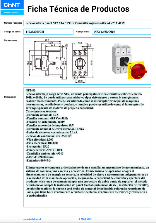 Seccionador a Panel CHINT NF2 3P 63A AC-23A 415V Manilla Roja/Amarilla – Código 170232063CH