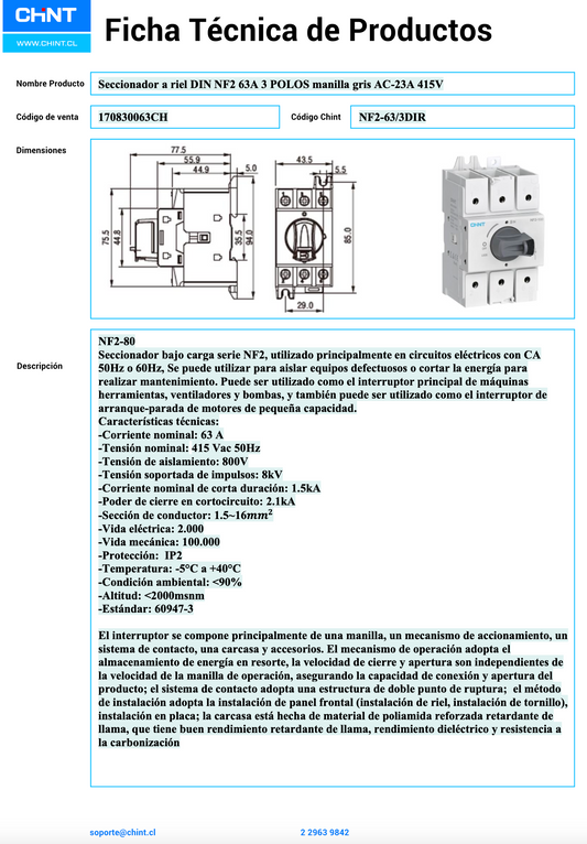 Seccionador a Riel DIN CHINT NF2 3P 63A AC-23A 415V Manilla Gris – Código 170830063CH