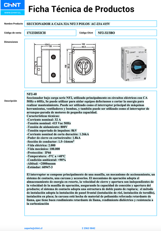 Seccionador a Caja CHINT NF2 3P 32A AC-23A 415V – Código 171232032CH