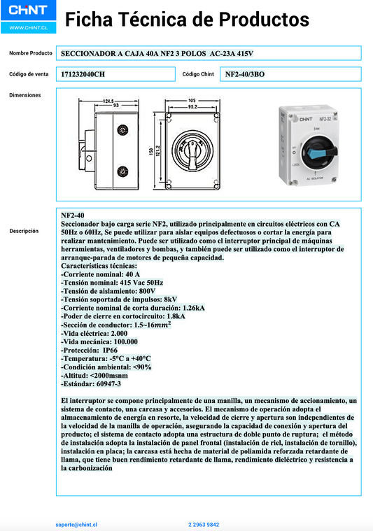 Seccionador a Caja CHINT NF2 3P 40A AC-23A 415V – Código 171232040CH