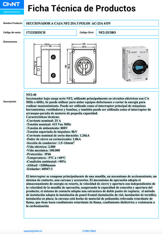 Seccionador a Caja CHINT NF2 3P 25A AC-23A 415V – Código 171232025CH