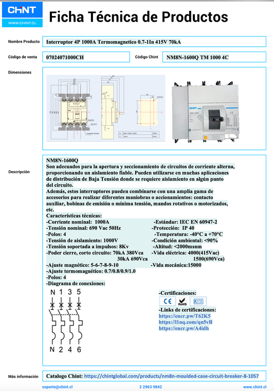 Interruptor Termomagnético CHINT NM8N-1600Q 4P 1000A 70kA 415V – Código 07024071000CH