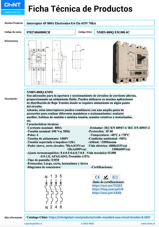 Interruptor Electrónico CHINT NM8N-800Q 4P 800A 70kA 415V – Código 070274060800CH