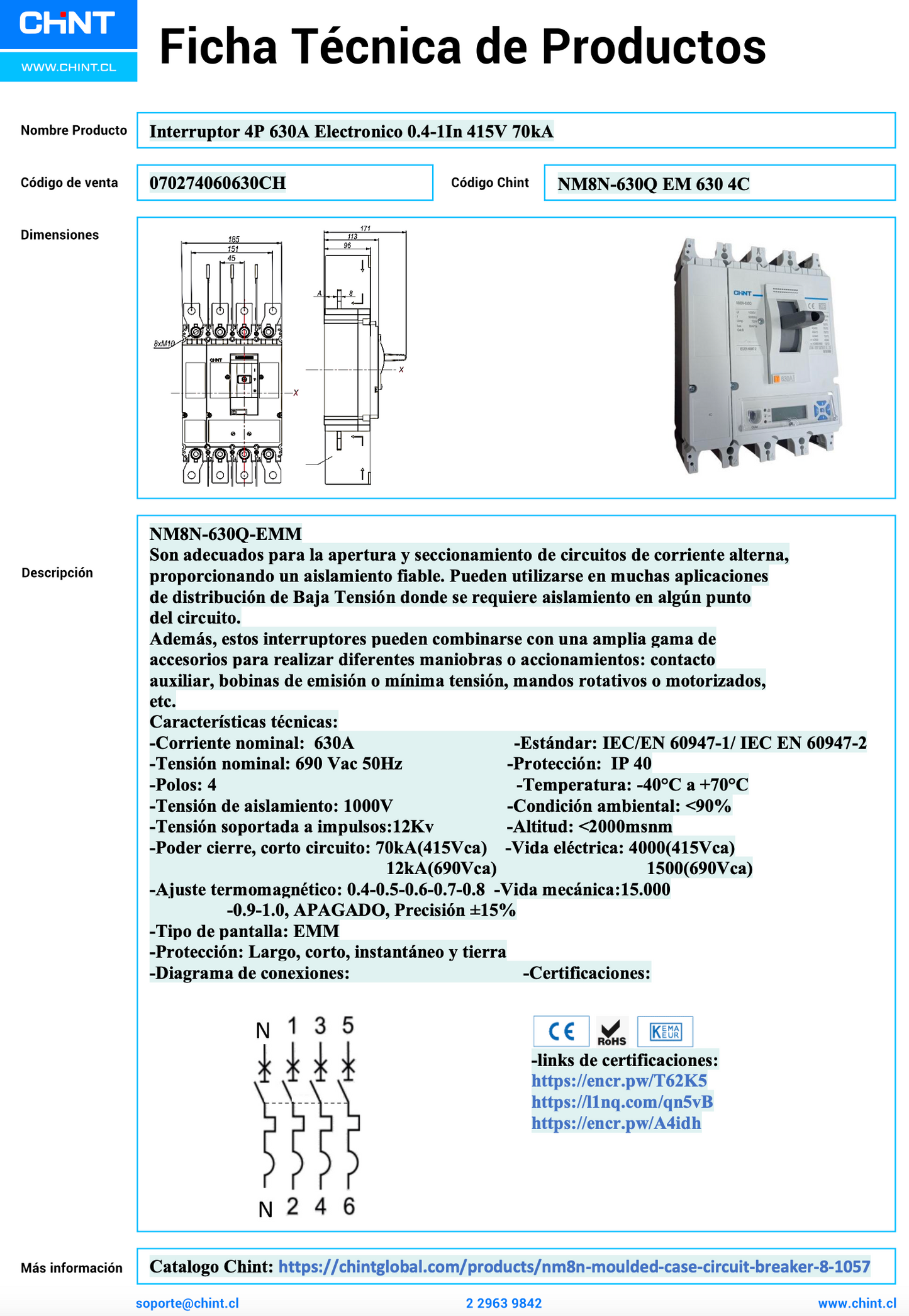 Interruptor Electrónico CHINT NM8N-630Q 4P 630A 70kA 415V – Código 070274060630CH