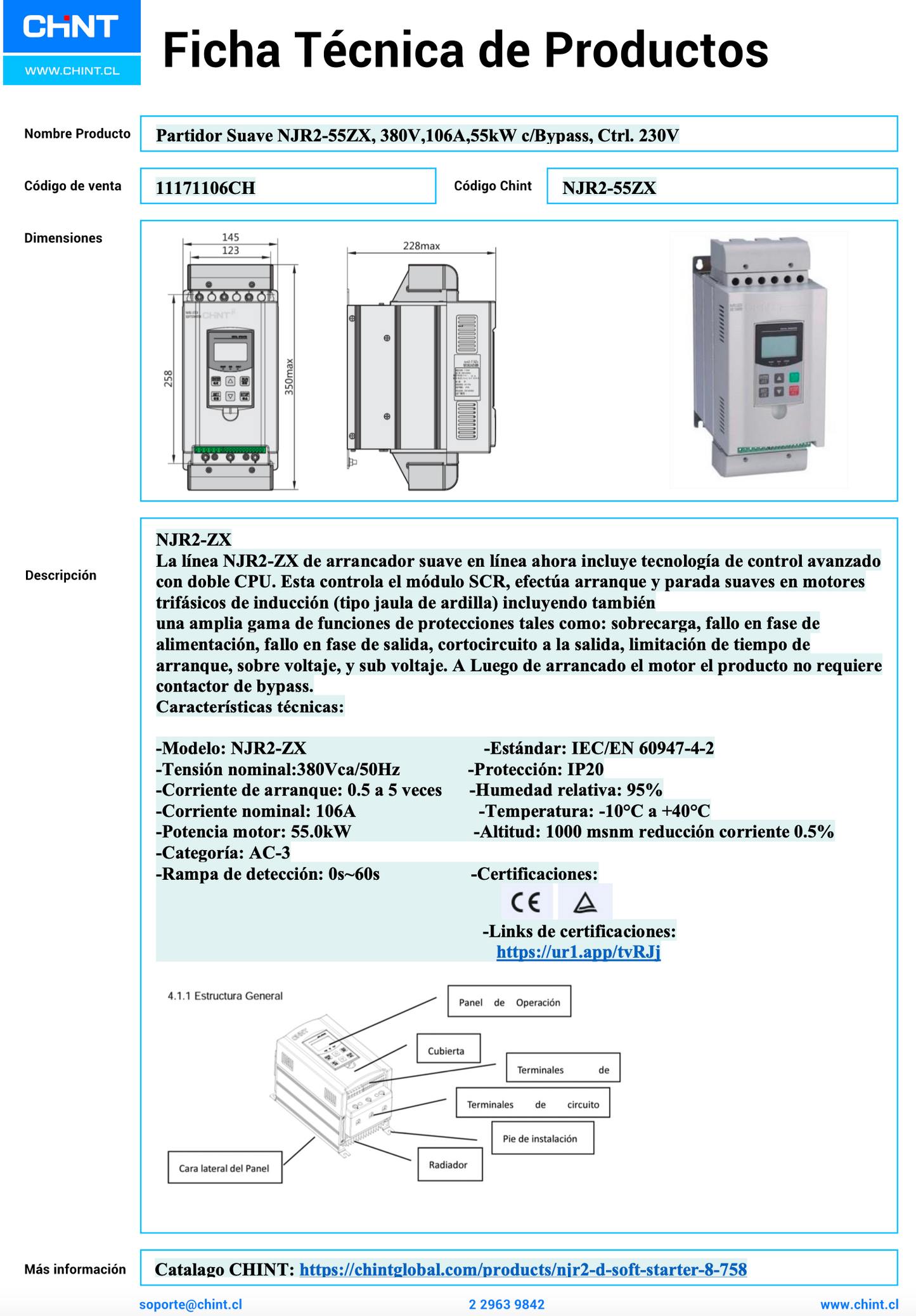 Partidor suave CHINT NJR2-55ZX 55 kW 380 V c/Bypass – Código 11171106CH
