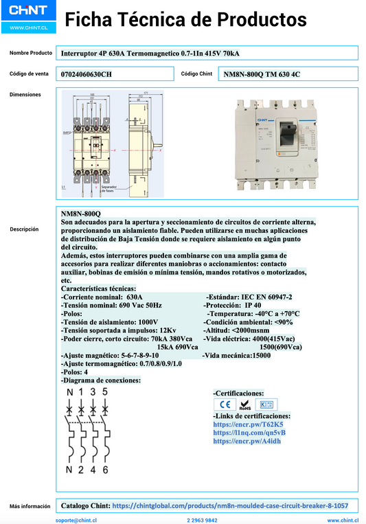 Interruptor Termomagnético CHINT NM8N-800Q 4P 630A 70kA 415V – Código 07024060630CH