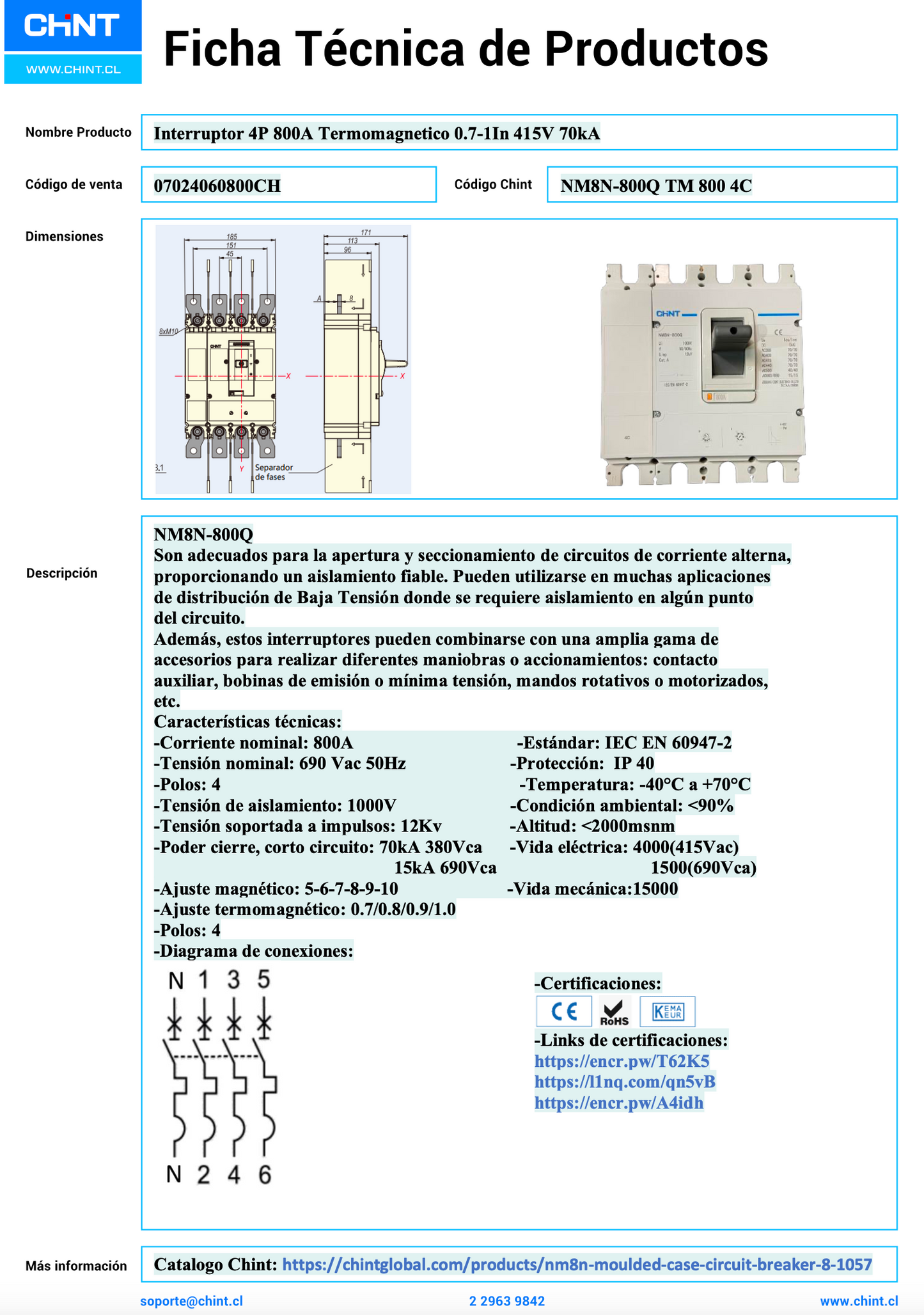 Interruptor Termomagnético CHINT NM8N-800Q 4P 800A 70kA 415V – Código 07024060800CH