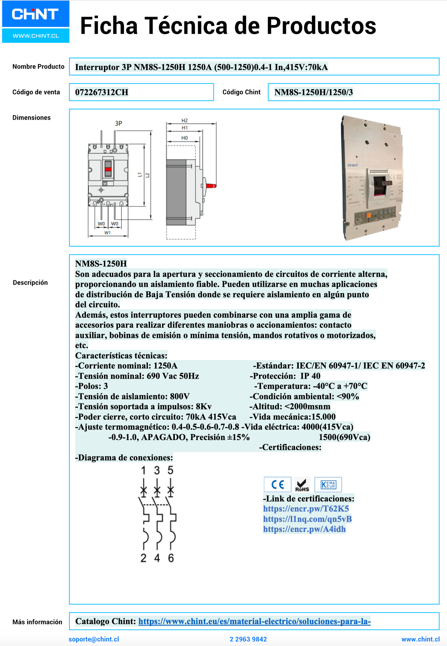 Interruptor de Caja Moldeada CHINT NM8S-1250H 3P 1250A 70kA 415V – Código 072267312CH