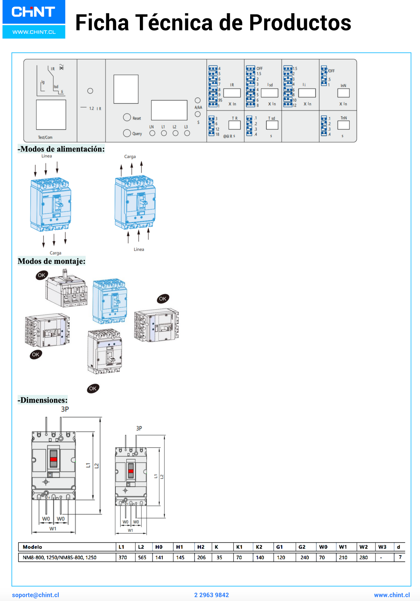 Interruptor de Caja Moldeada CHINT NM8S-1250H 3P 1250A 70kA 415V – Código 072267312CH