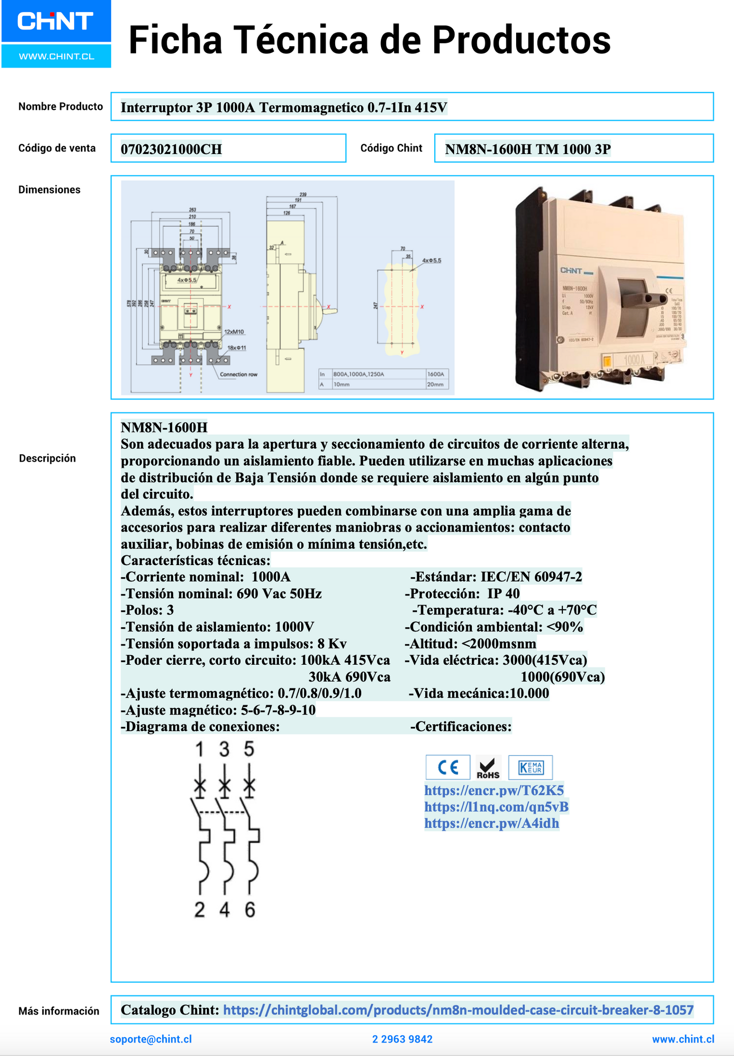 Interruptor Termomagnético CHINT NM8N-1600H 3P 1000A 100kA 415V – Código 07023021000CH