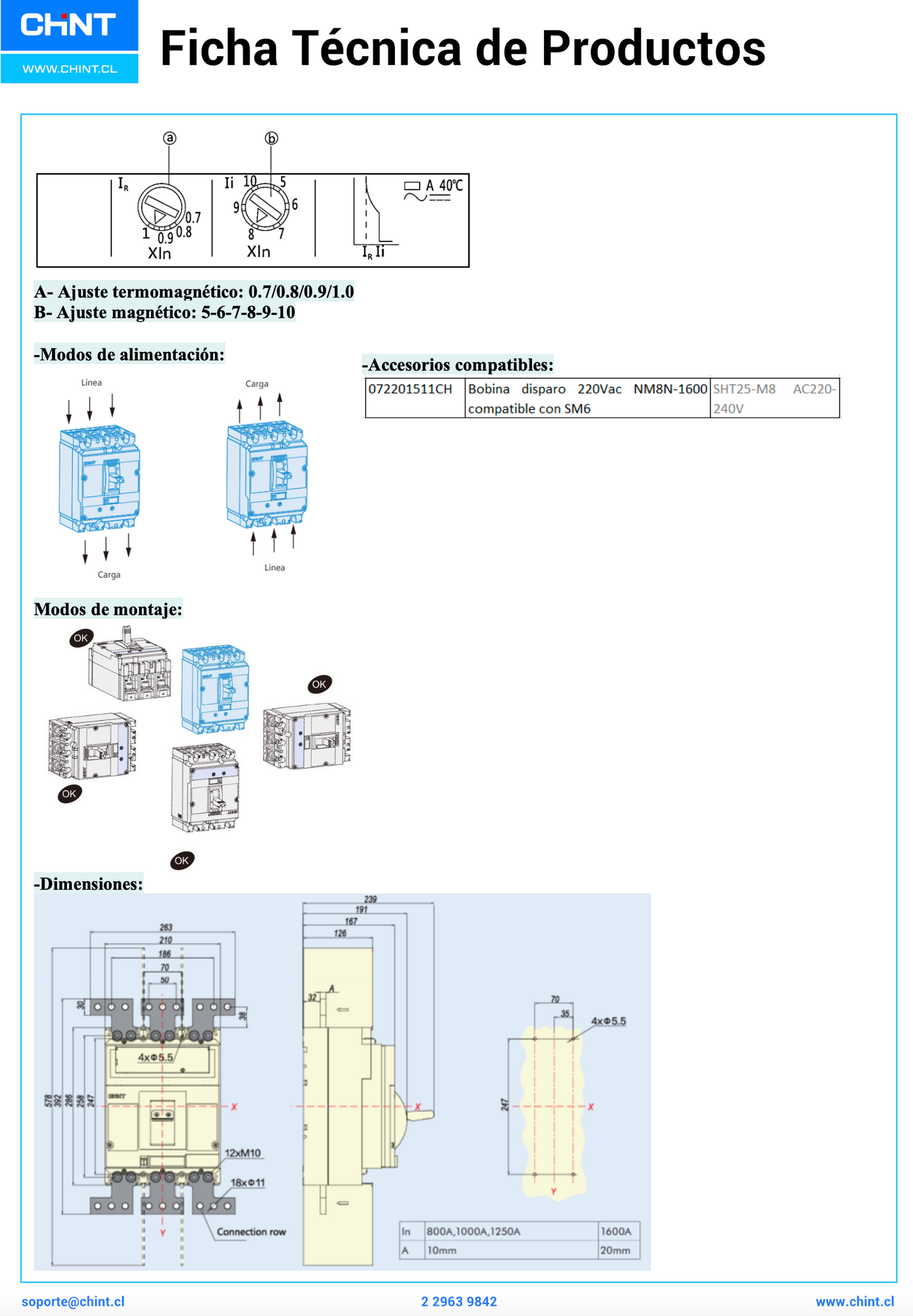 Interruptor Termomagnético CHINT NM8N-1600H 3P 1000A 100kA 415V – Código 07023021000CH