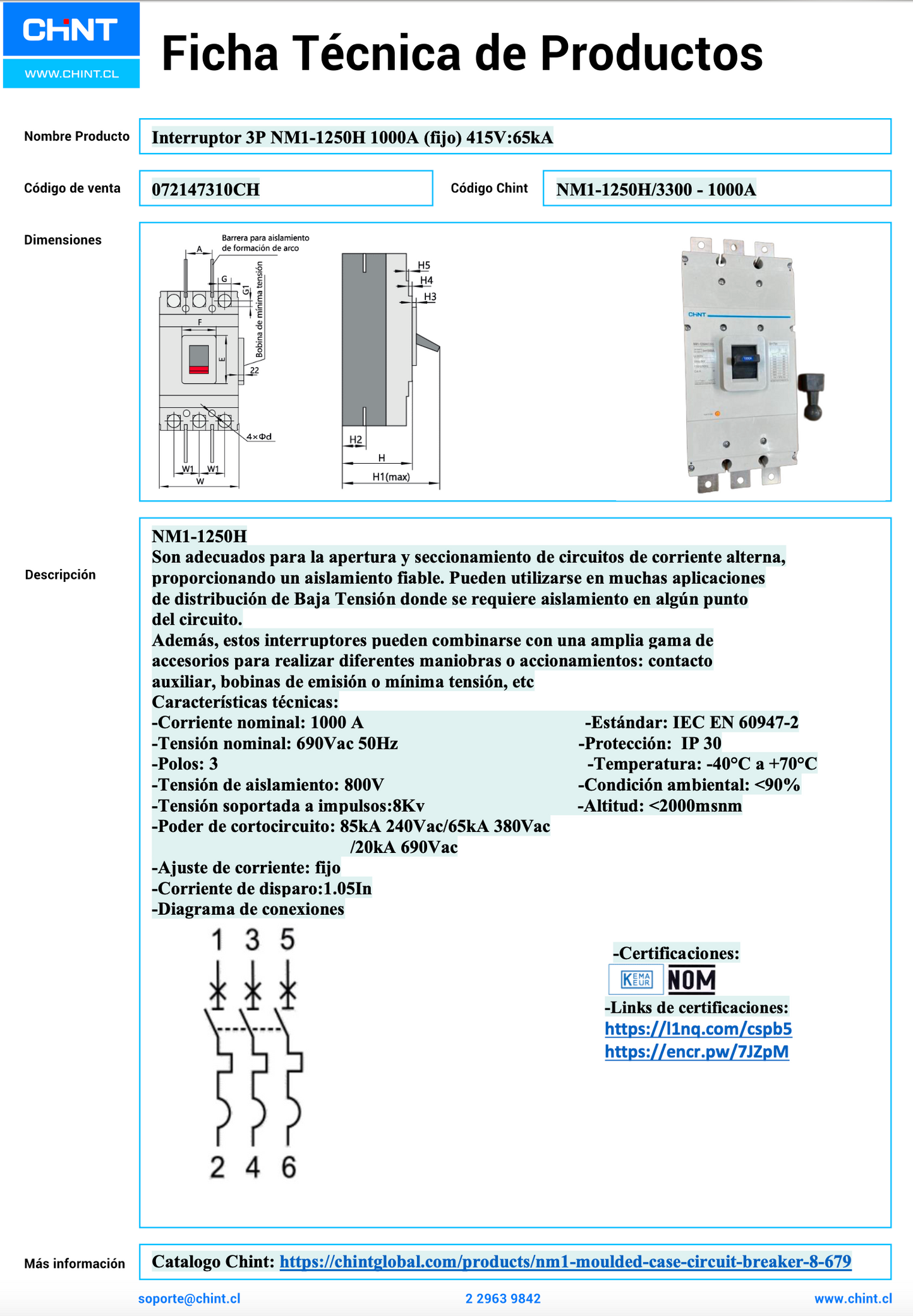 Interruptor de Caja Moldeada CHINT NM1-1250H 3P 1000A 65kA 415V – Código 072147310CH