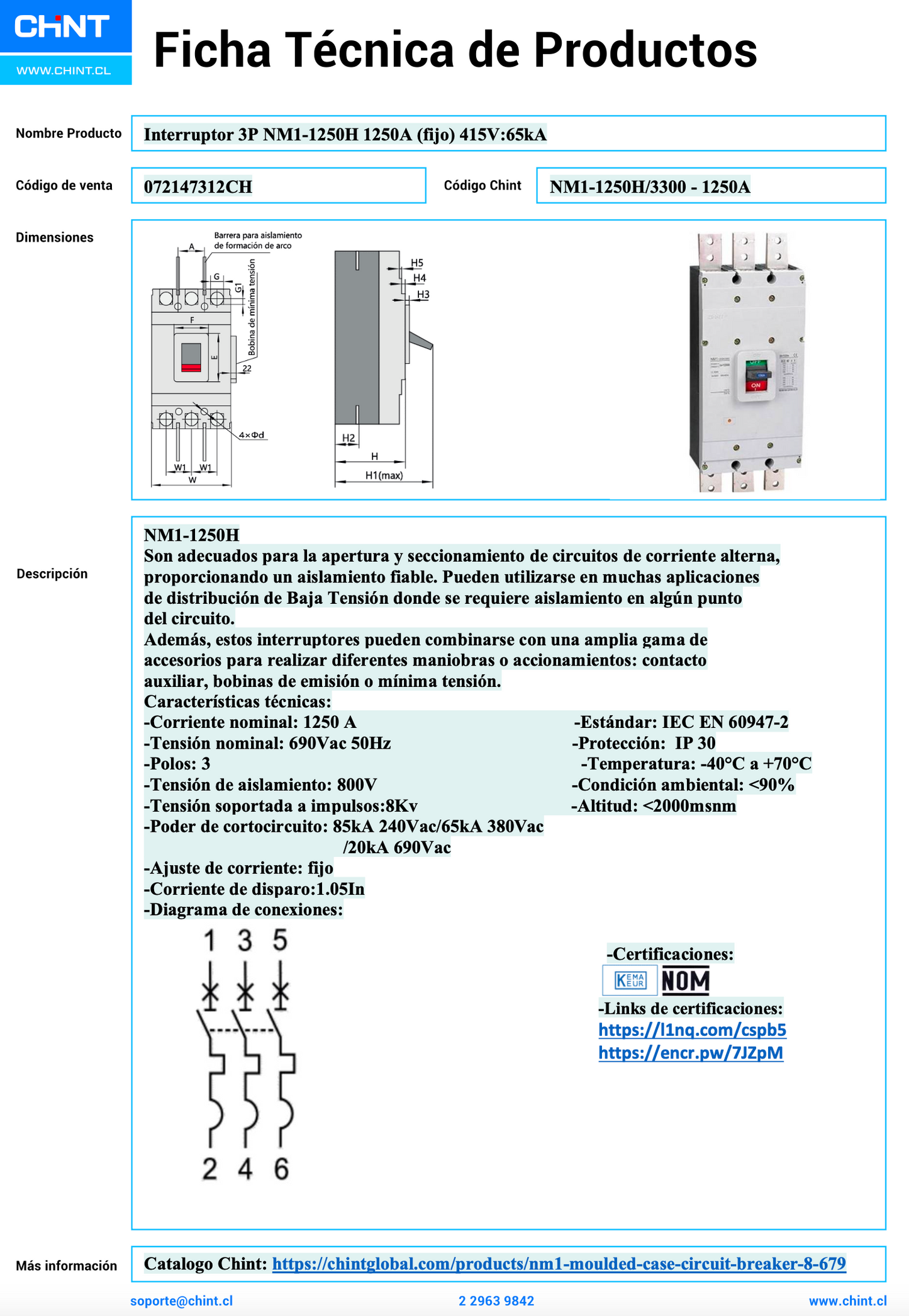 Interruptor de Caja Moldeada CHINT NM1-1250H 3P 1250A 65kA 415V – Código 072147312CH
