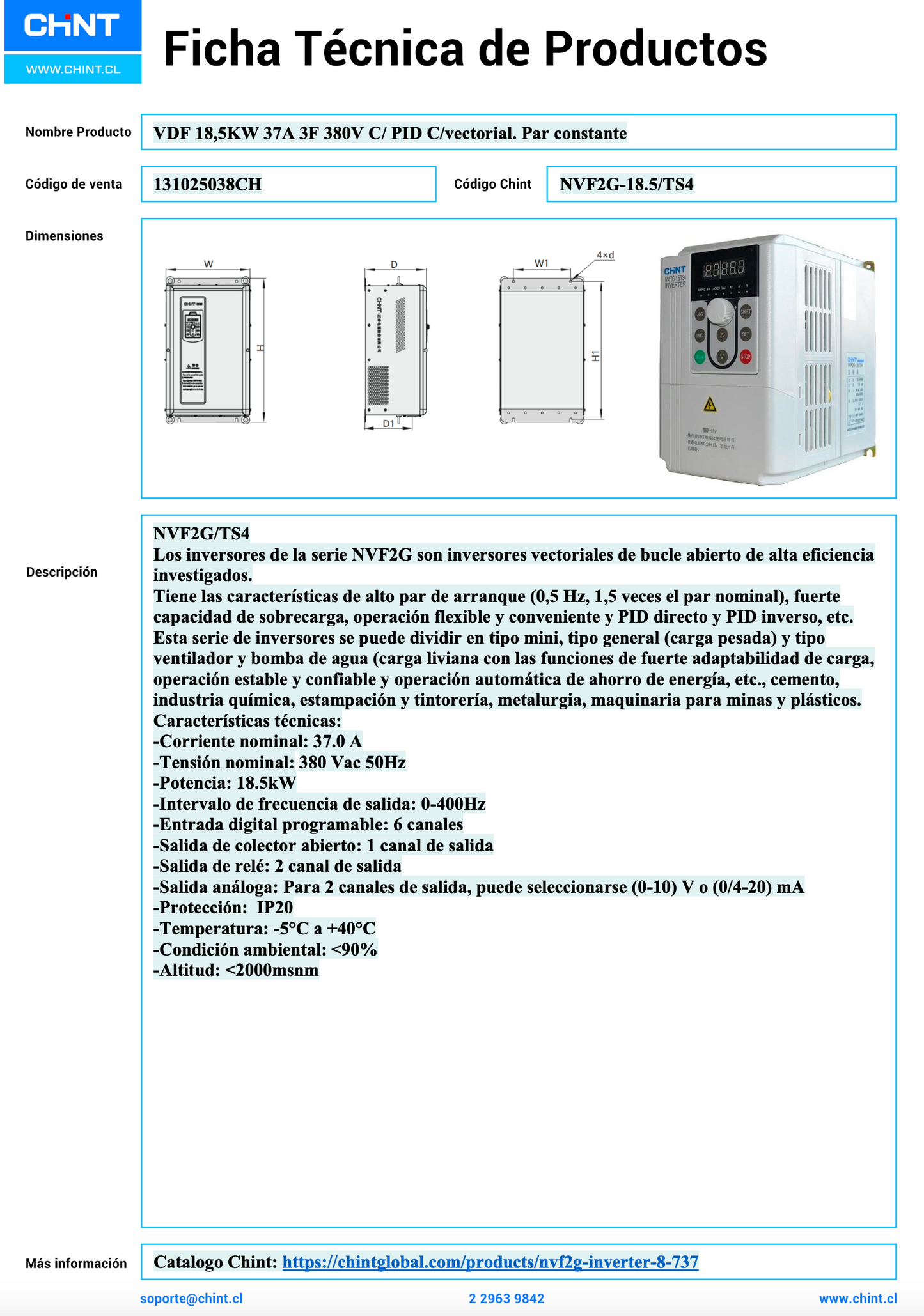 Variador de Frecuencia CHINT NVF2G-18.5/TS4 3F 18.5 kW 37 A 380 V PID Vectorial Par Constante – Código 131025038CH
