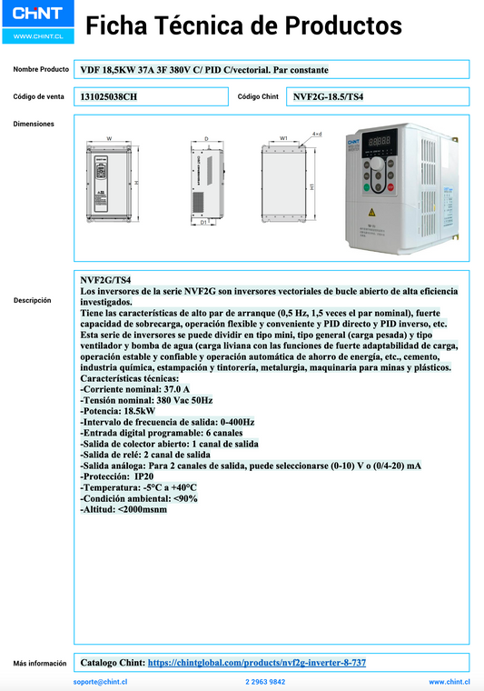 Variador de Frecuencia CHINT NVF2G-18.5/TS4 3F 18.5 kW 37 A 380 V PID Vectorial Par Constante – Código 131025038CH